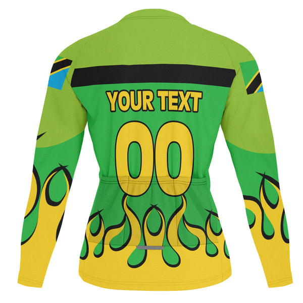 Tanzania Men's Cycling Jersey Long Sleeve Flag & Coat Of Arms Fire Hockey Style