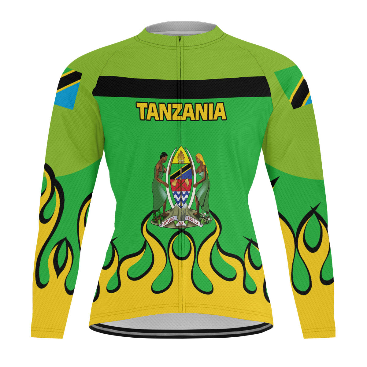 Tanzania Men's Cycling Jersey Long Sleeve Flag & Coat Of Arms Fire Hockey Style