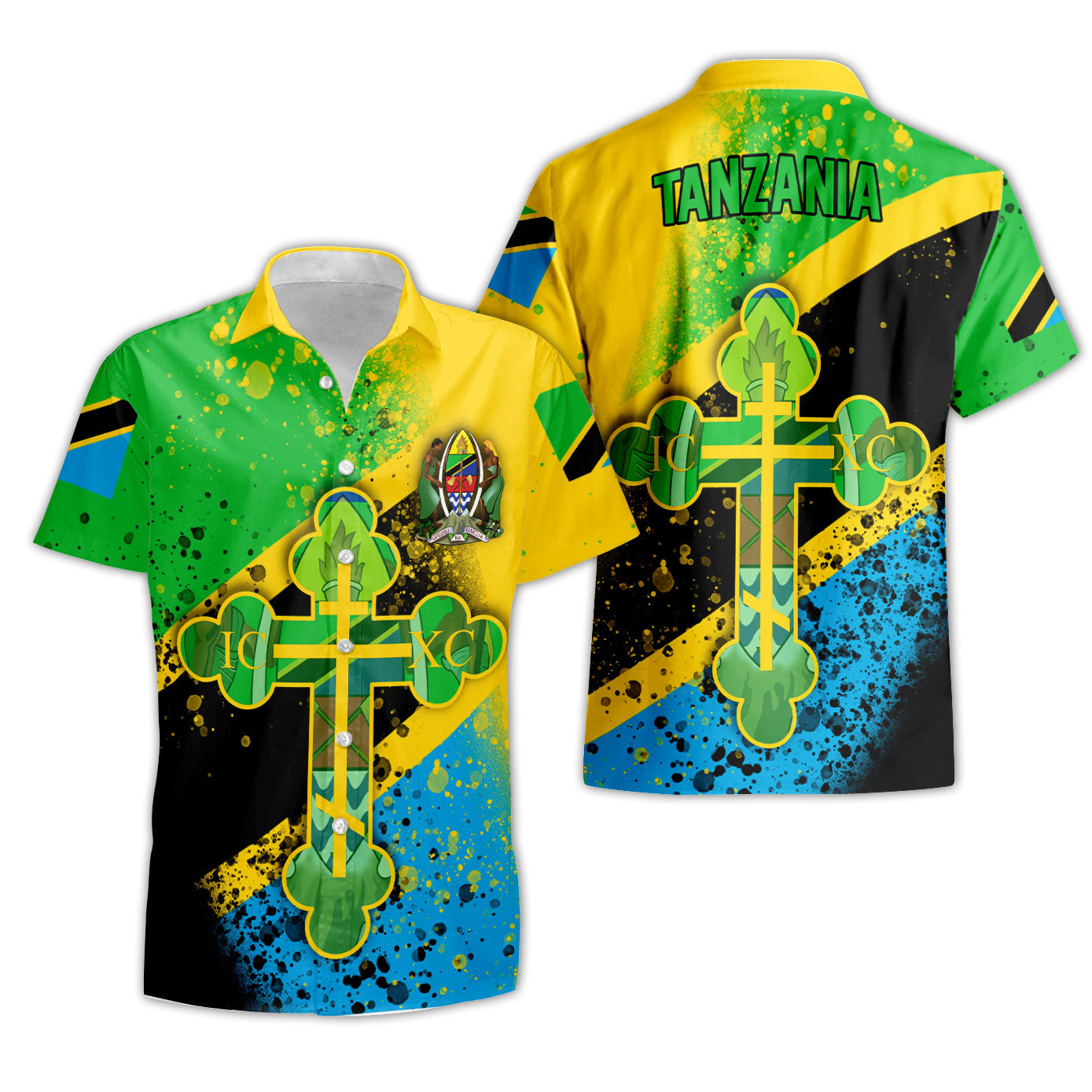 Tanzania Short Sleeve Shirt Flag & Coat Of Arms Orthodox Style