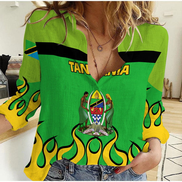 Tanzania Women Casual Shirt Flag & Coat Of Arms Fire Hockey Style