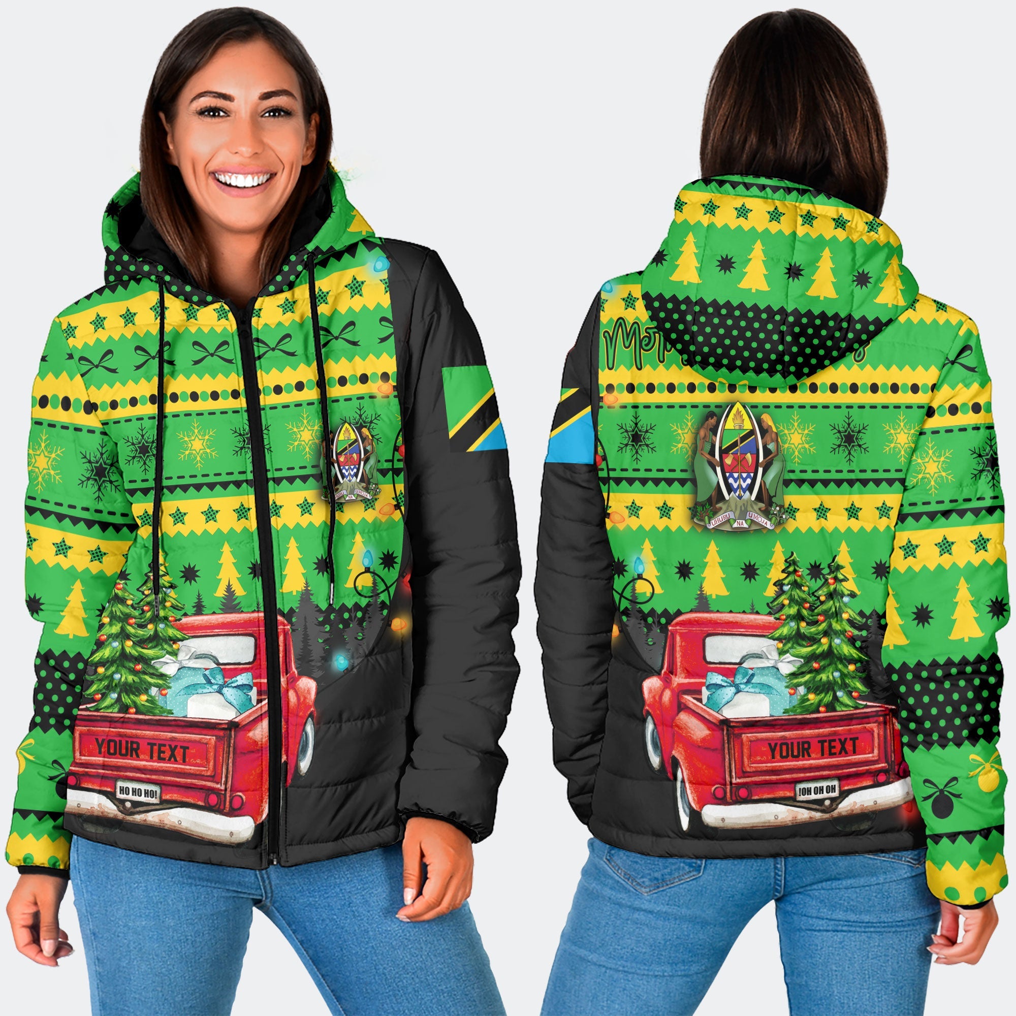 Tanzania Women Hooded Padded Jacket Coat Of Arms Christmas Style