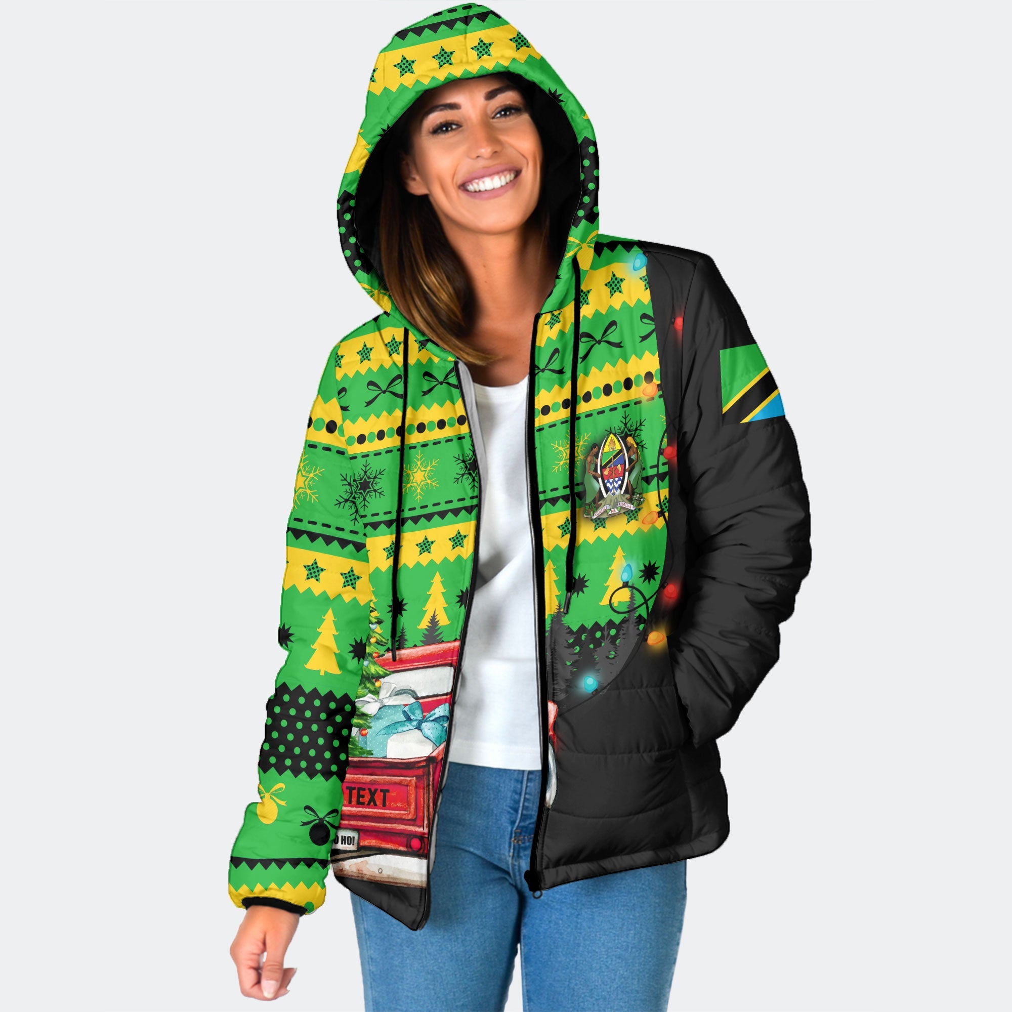 Tanzania Women Hooded Padded Jacket Coat Of Arms Christmas Style