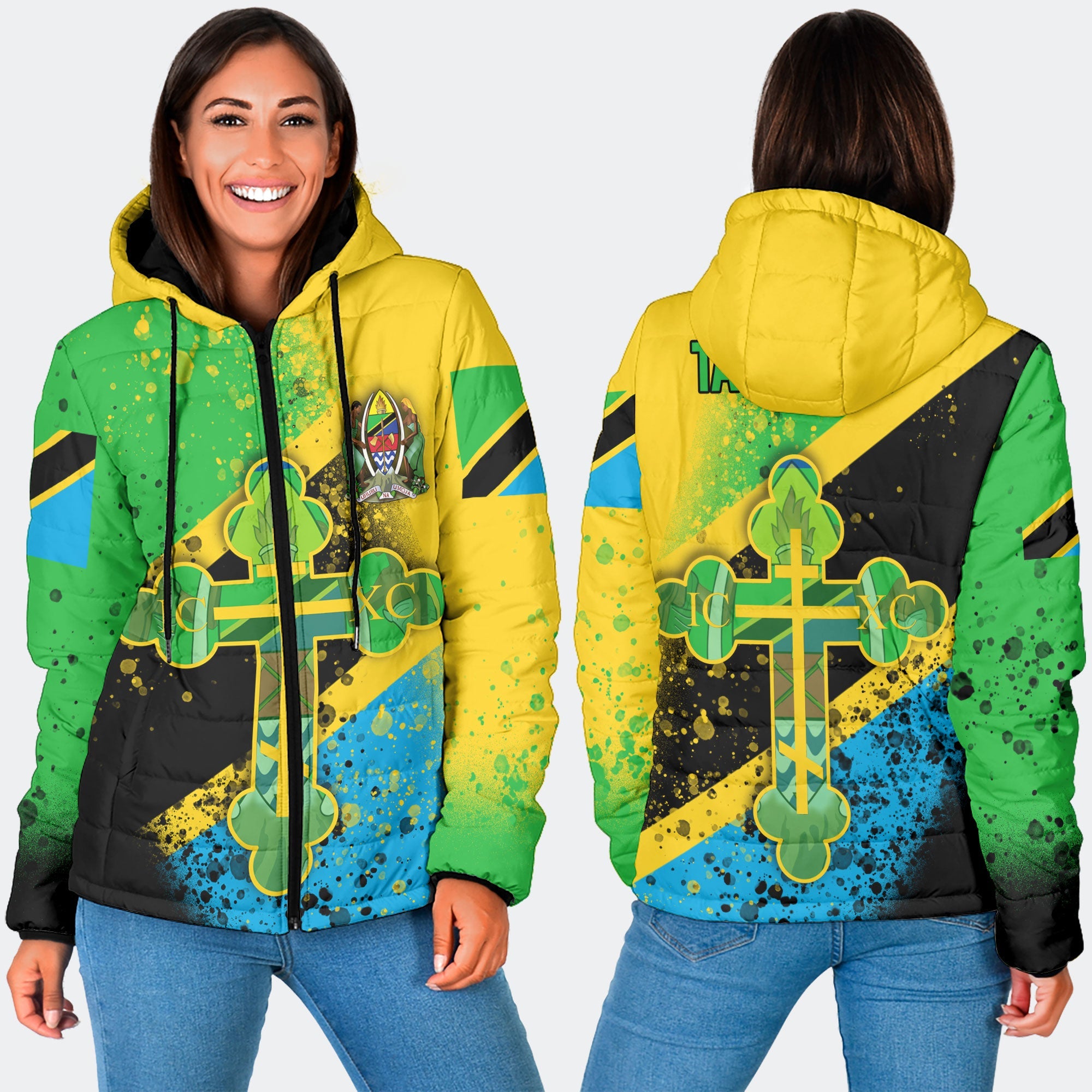 Tanzania Women Hooded Padded Jacket Flag & Coat Of Arms Orthodox Style