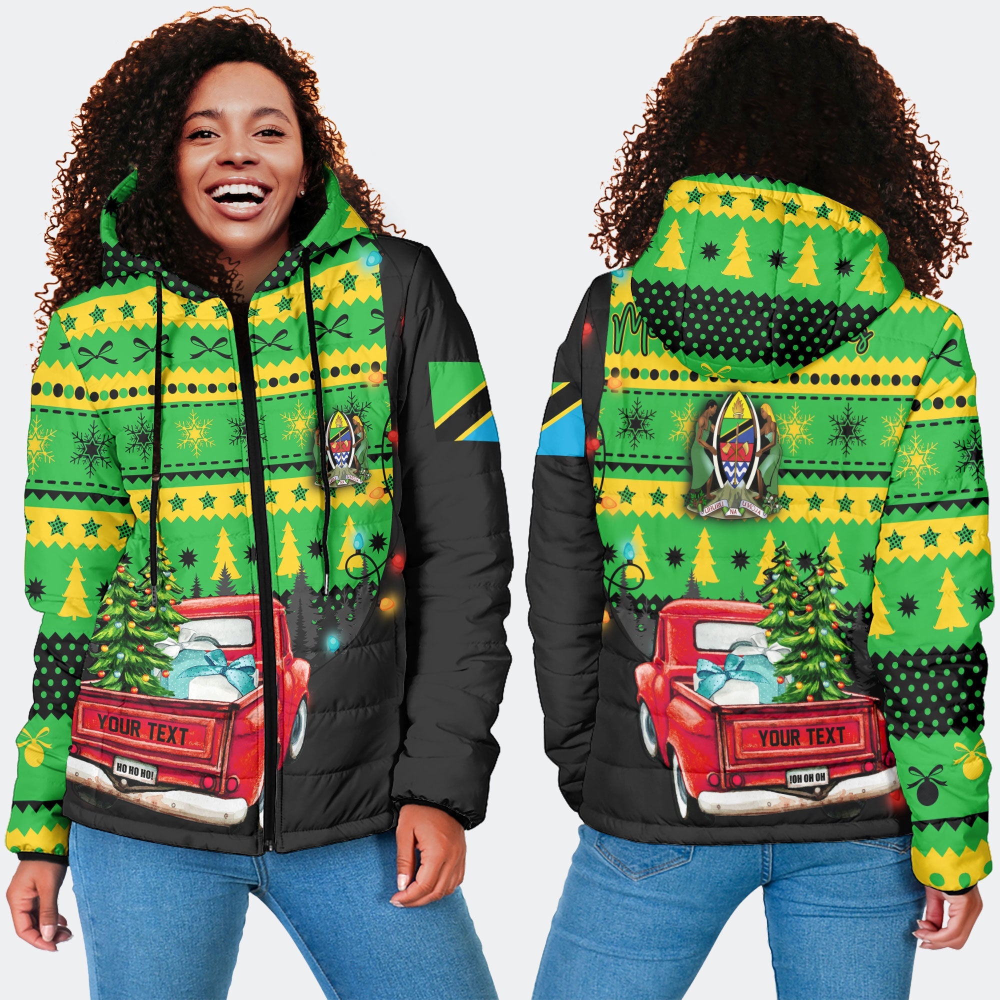 Tanzania Women Hooded Padded Jacket Coat Of Arms Christmas Style