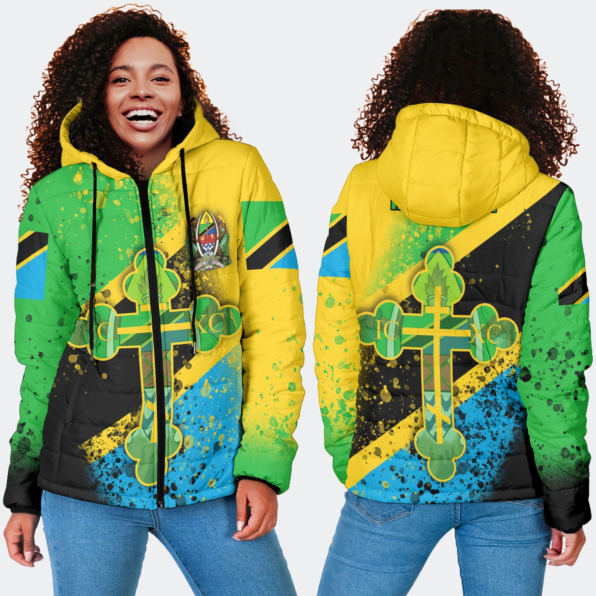 Tanzania Women Hooded Padded Jacket Flag & Coat Of Arms Orthodox Style