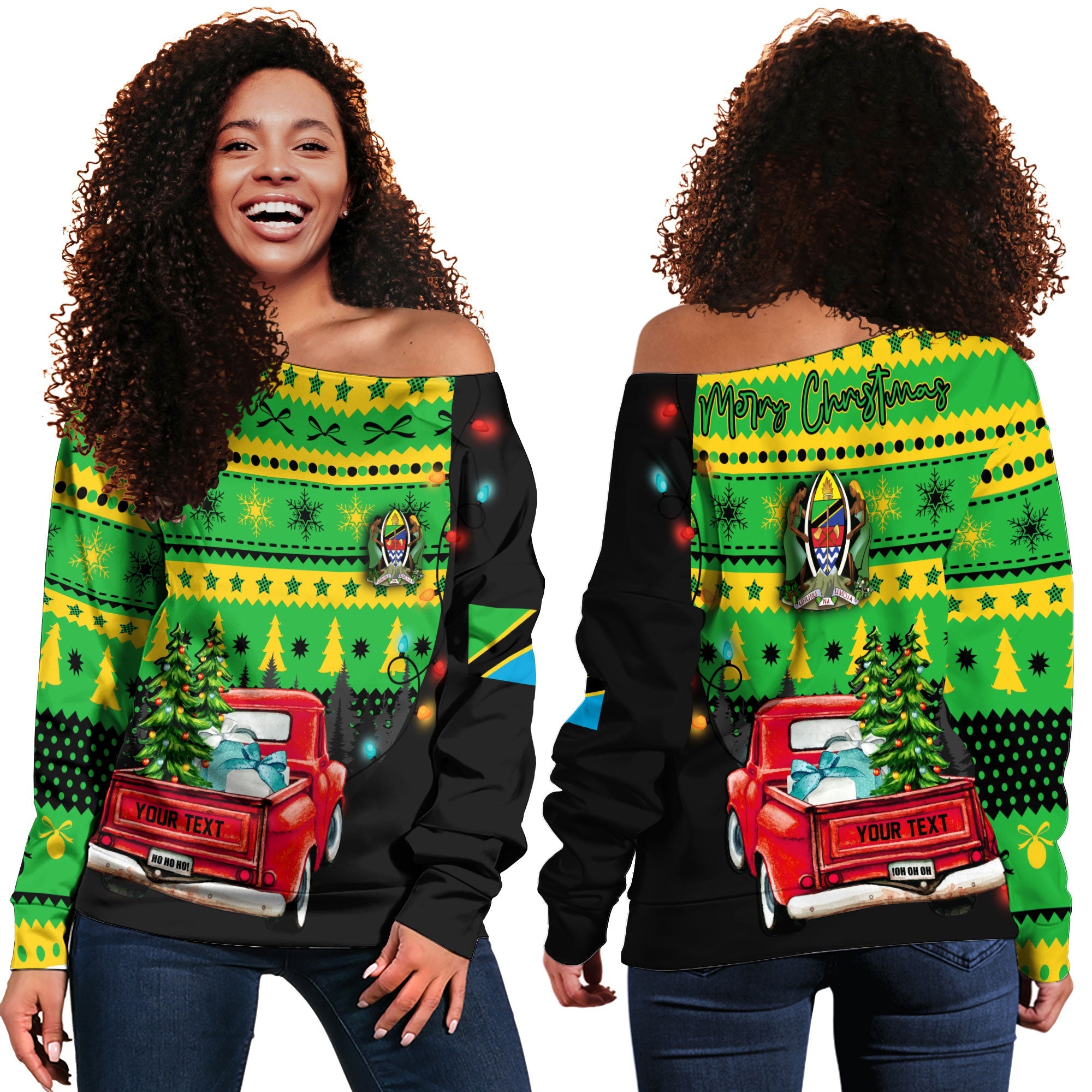 Tanzania Women Off Shoulder Sweatshirt Coat Of Arms Christmas Style