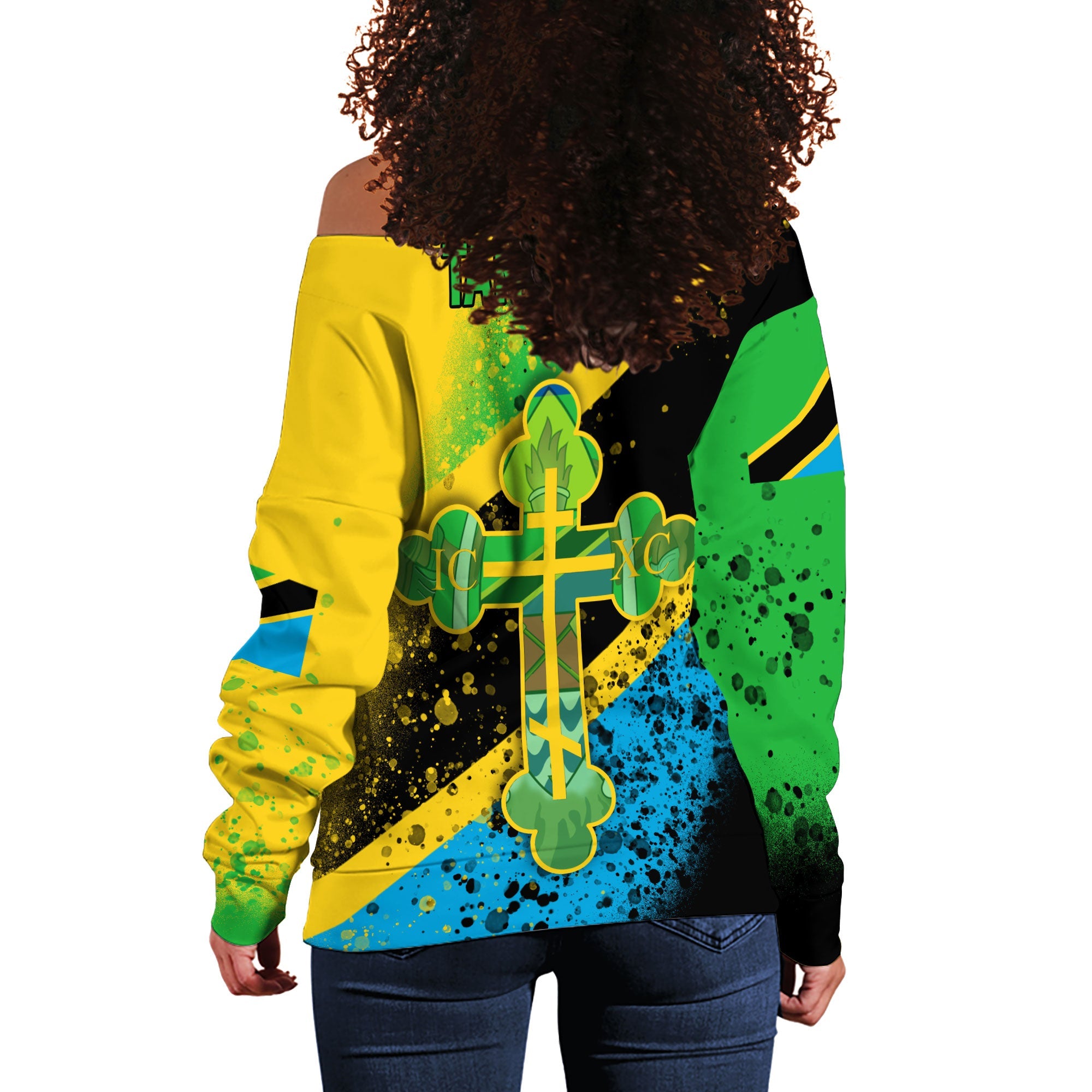 Tanzania Women Off Shoulder Sweatshirt Flag & Coat Of Arms Orthodox Style