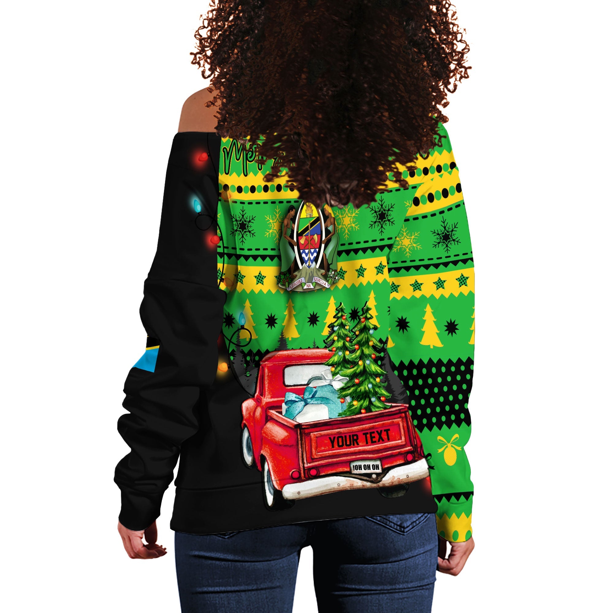 Tanzania Women Off Shoulder Sweatshirt Coat Of Arms Christmas Style