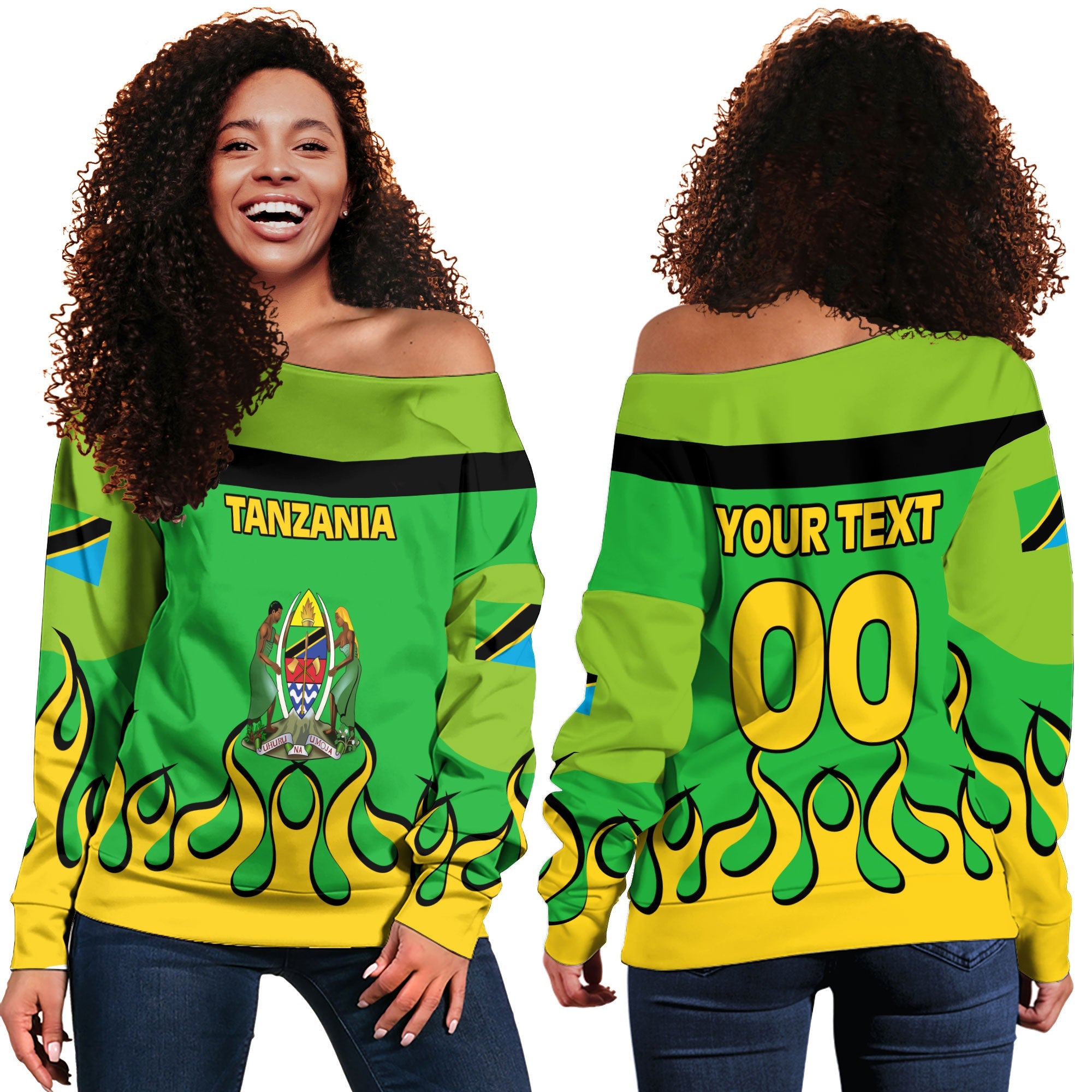 Tanzania Women Off Shoulder Sweatshirt Flag & Coat Of Arms Fire Hockey Style