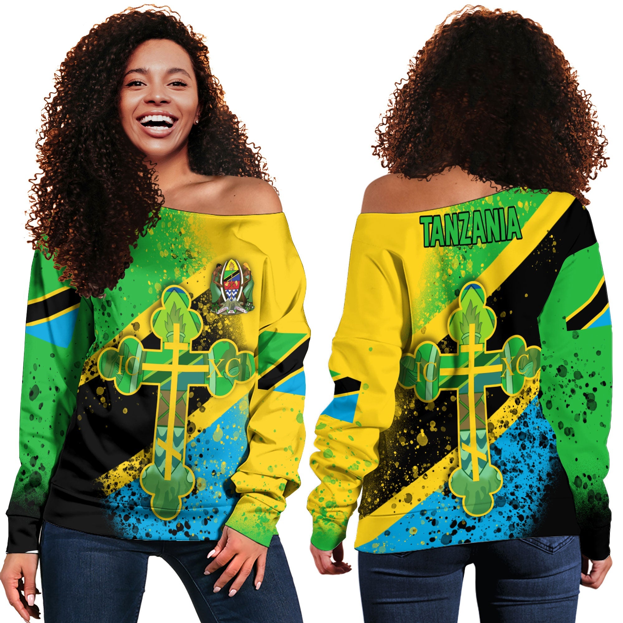 Tanzania Women Off Shoulder Sweatshirt Flag & Coat Of Arms Orthodox Style