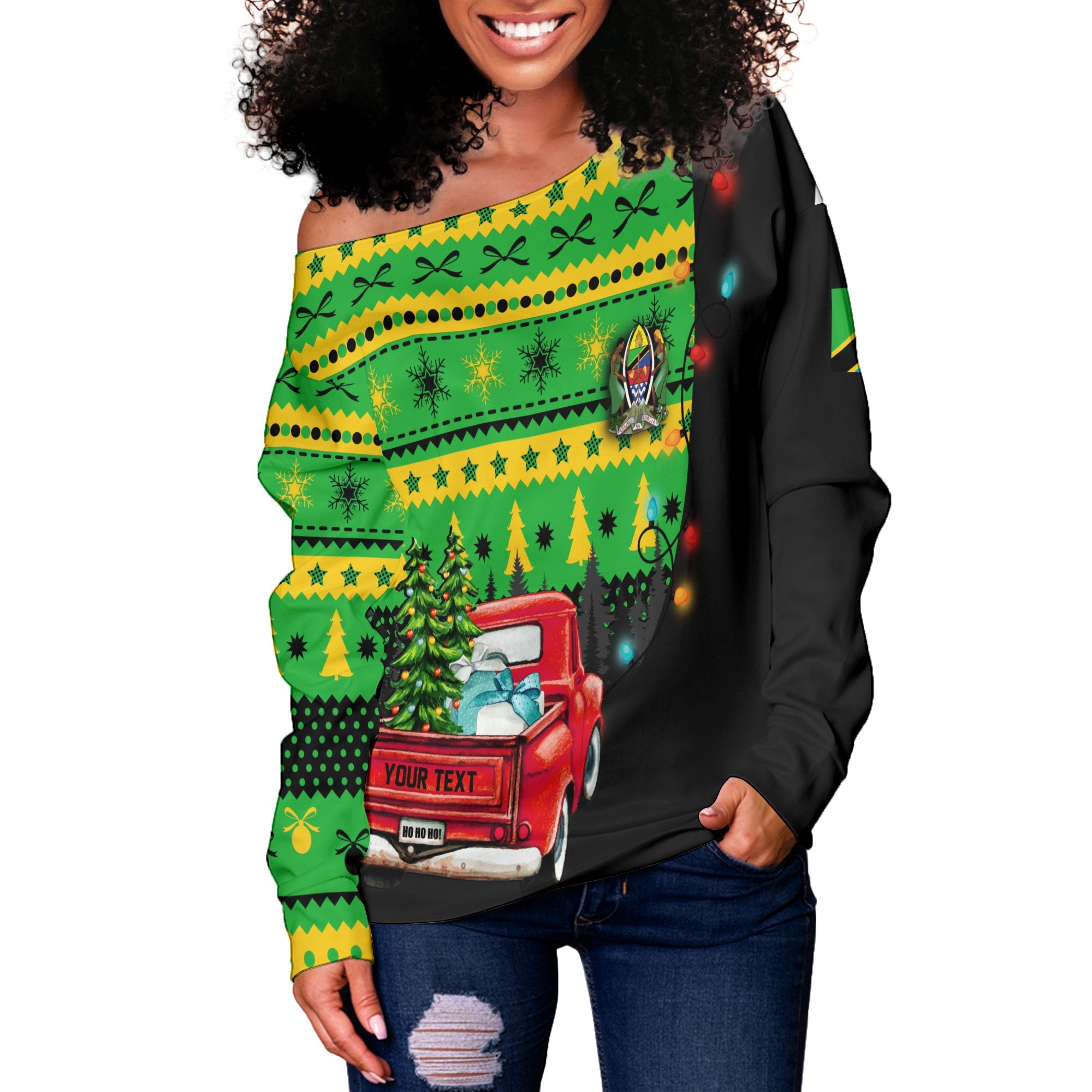 Tanzania Women Off Shoulder Sweatshirt Coat Of Arms Christmas Style