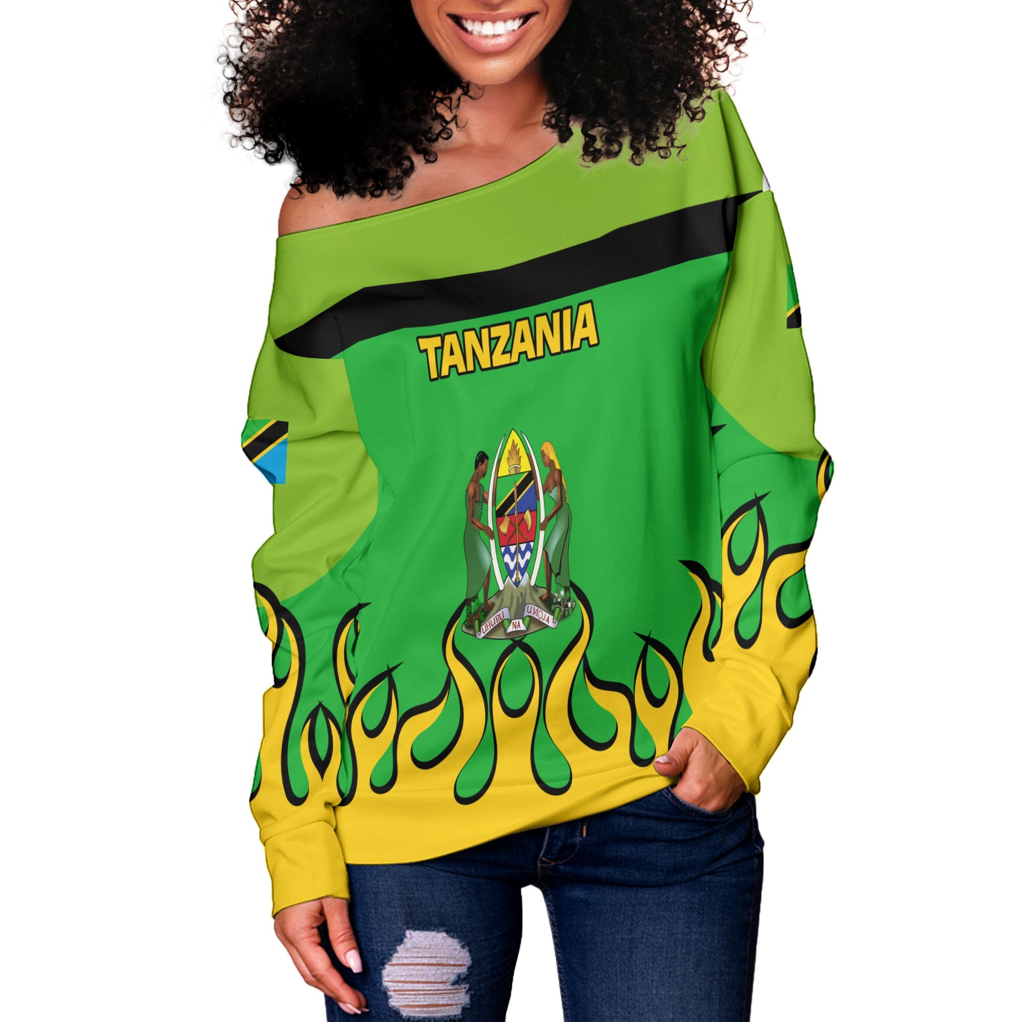 Tanzania Women Off Shoulder Sweatshirt Flag & Coat Of Arms Fire Hockey Style