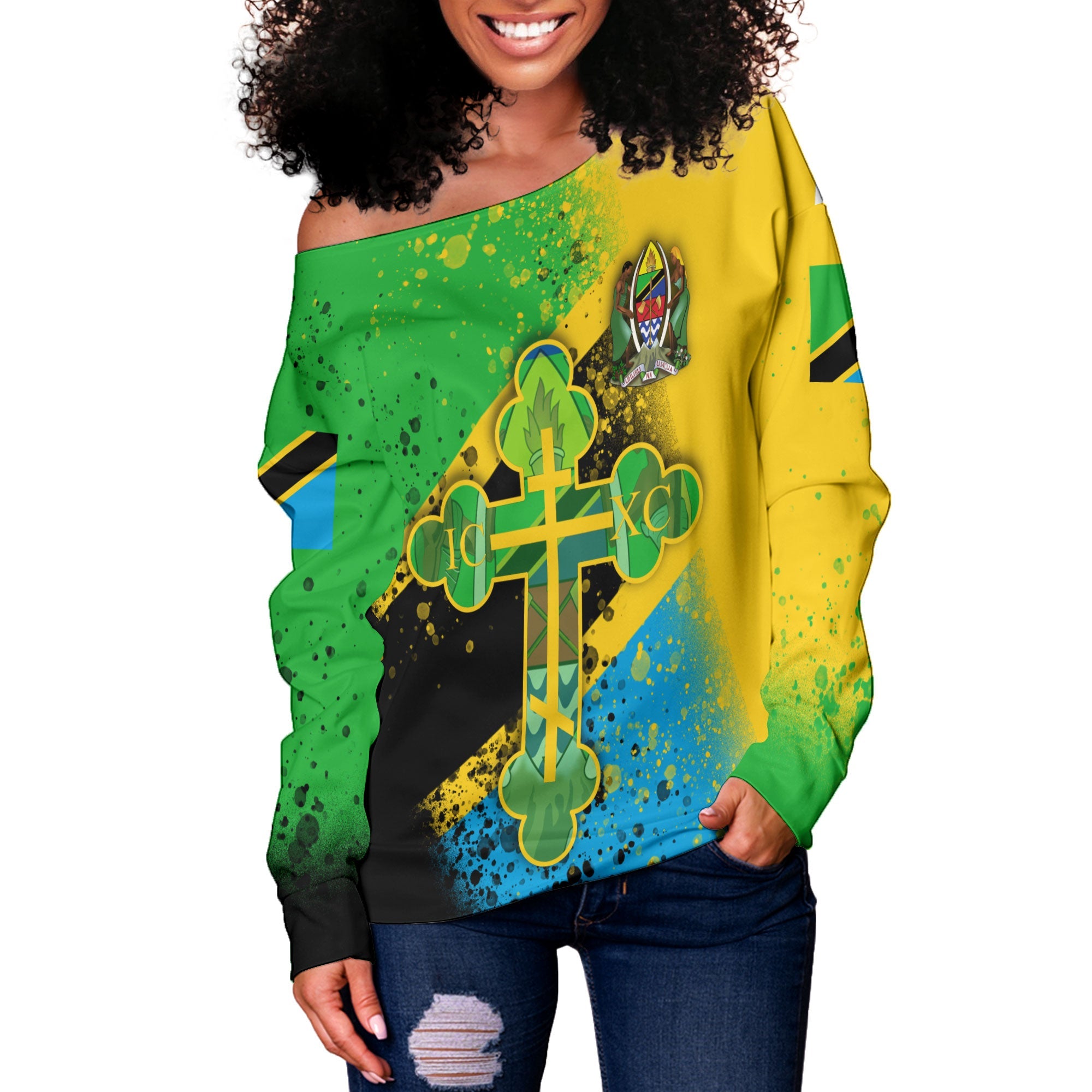 Tanzania Women Off Shoulder Sweatshirt Flag & Coat Of Arms Orthodox Style