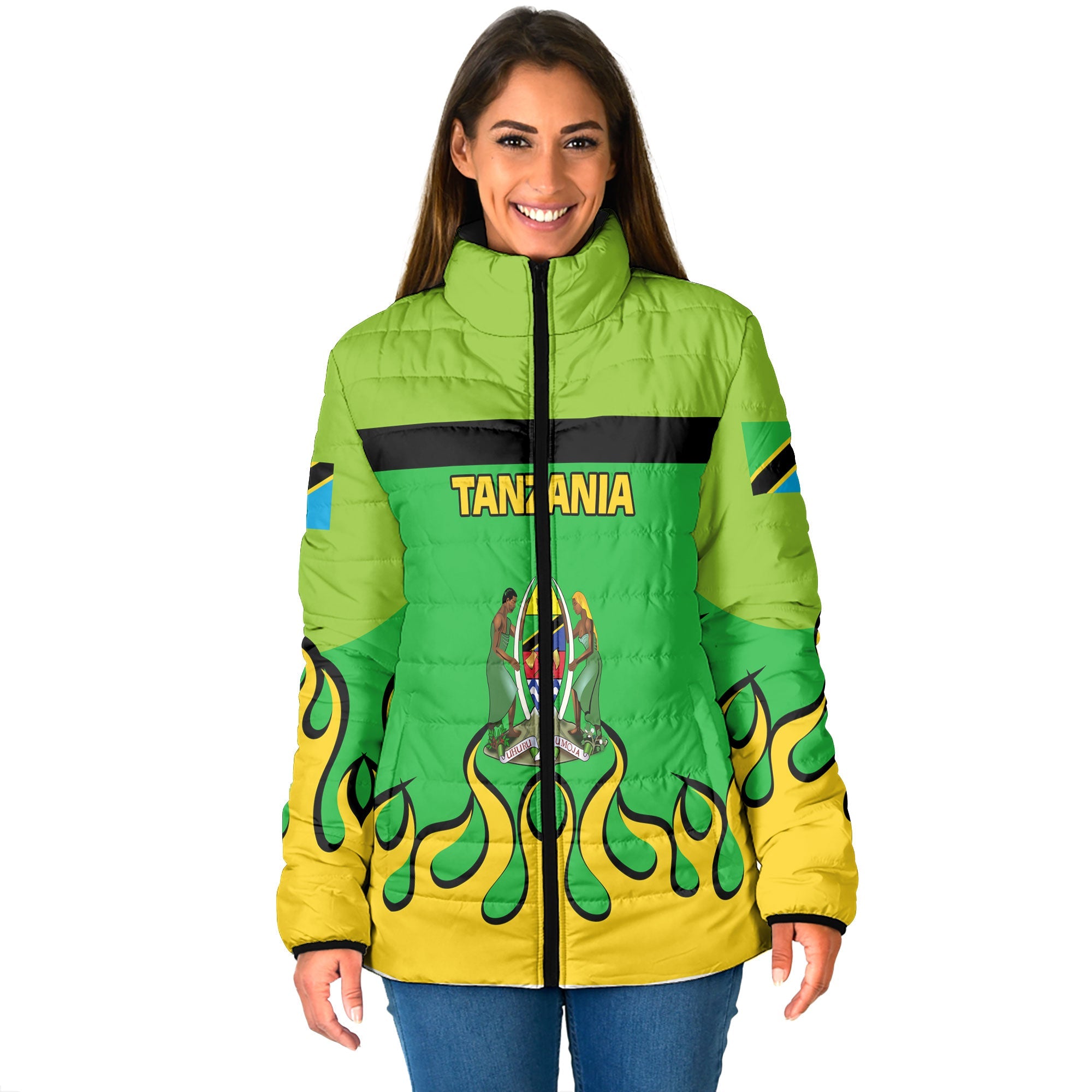 Tanzania Women Padded Jacket Flag & Coat Of Arms Fire Hockey Style