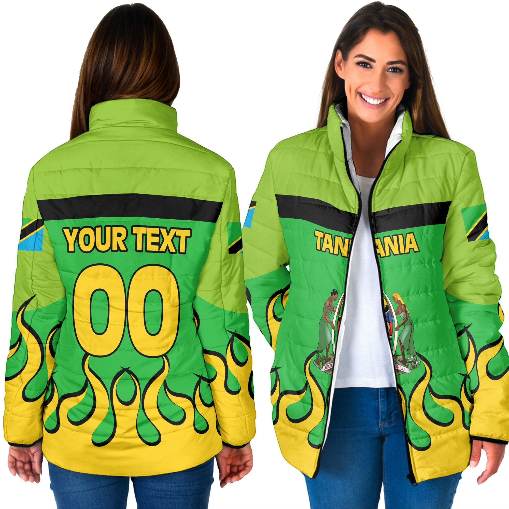 Tanzania Women Padded Jacket Flag & Coat Of Arms Fire Hockey Style