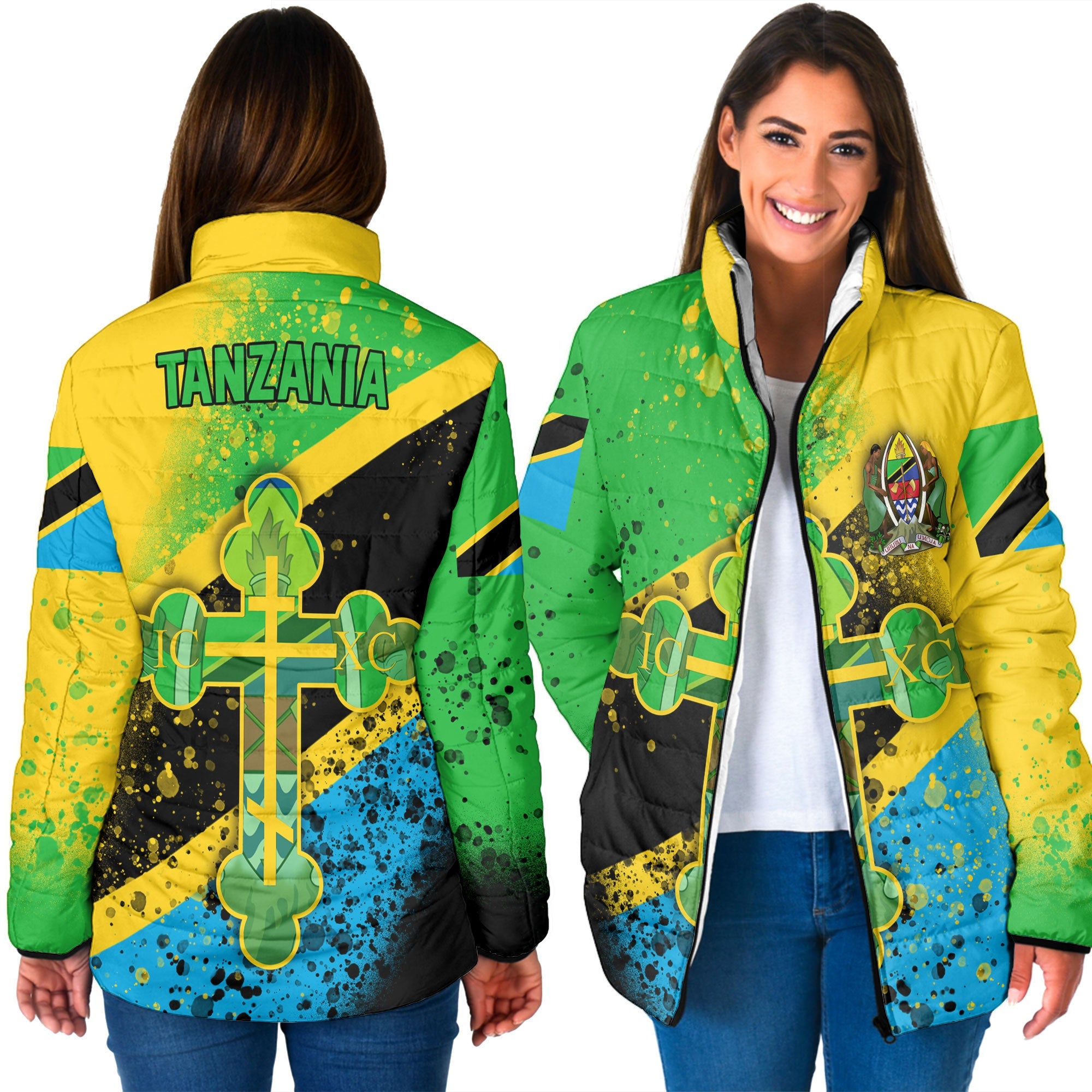 Tanzania Women Padded Jacket Flag & Coat Of Arms Orthodox Style