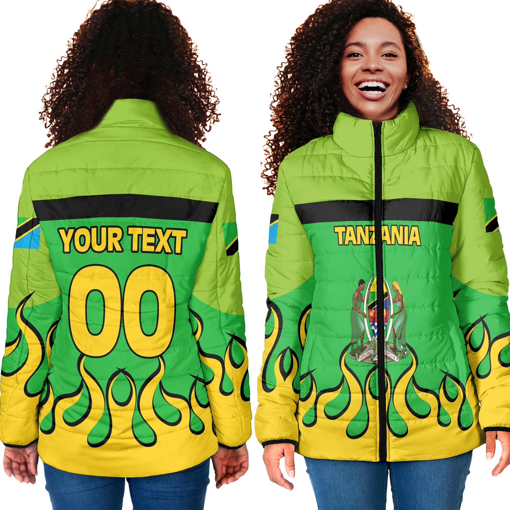 Tanzania Women Padded Jacket Flag & Coat Of Arms Fire Hockey Style