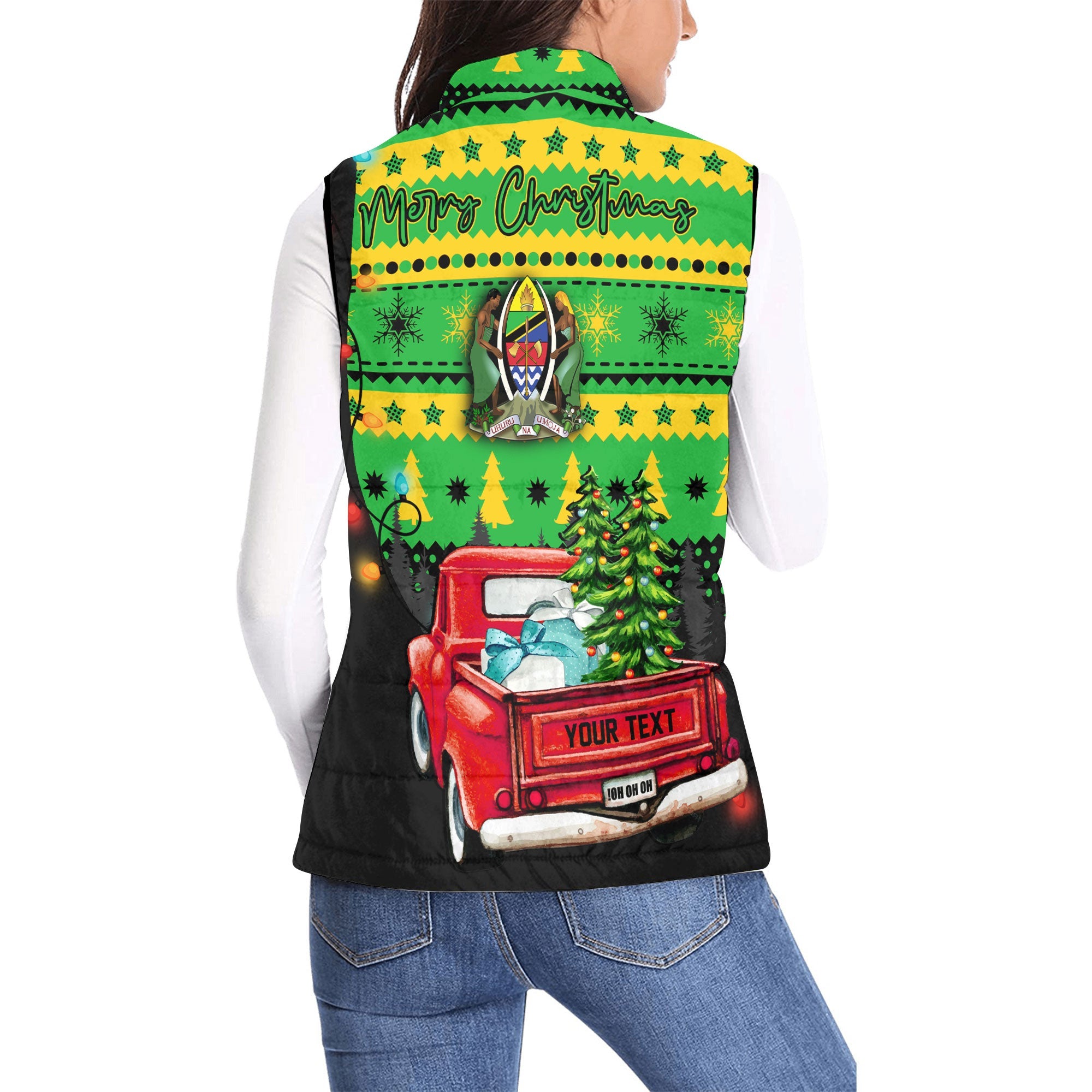 Tanzania Women Padded Jacket Vest Coat Of Arms Christmas Style