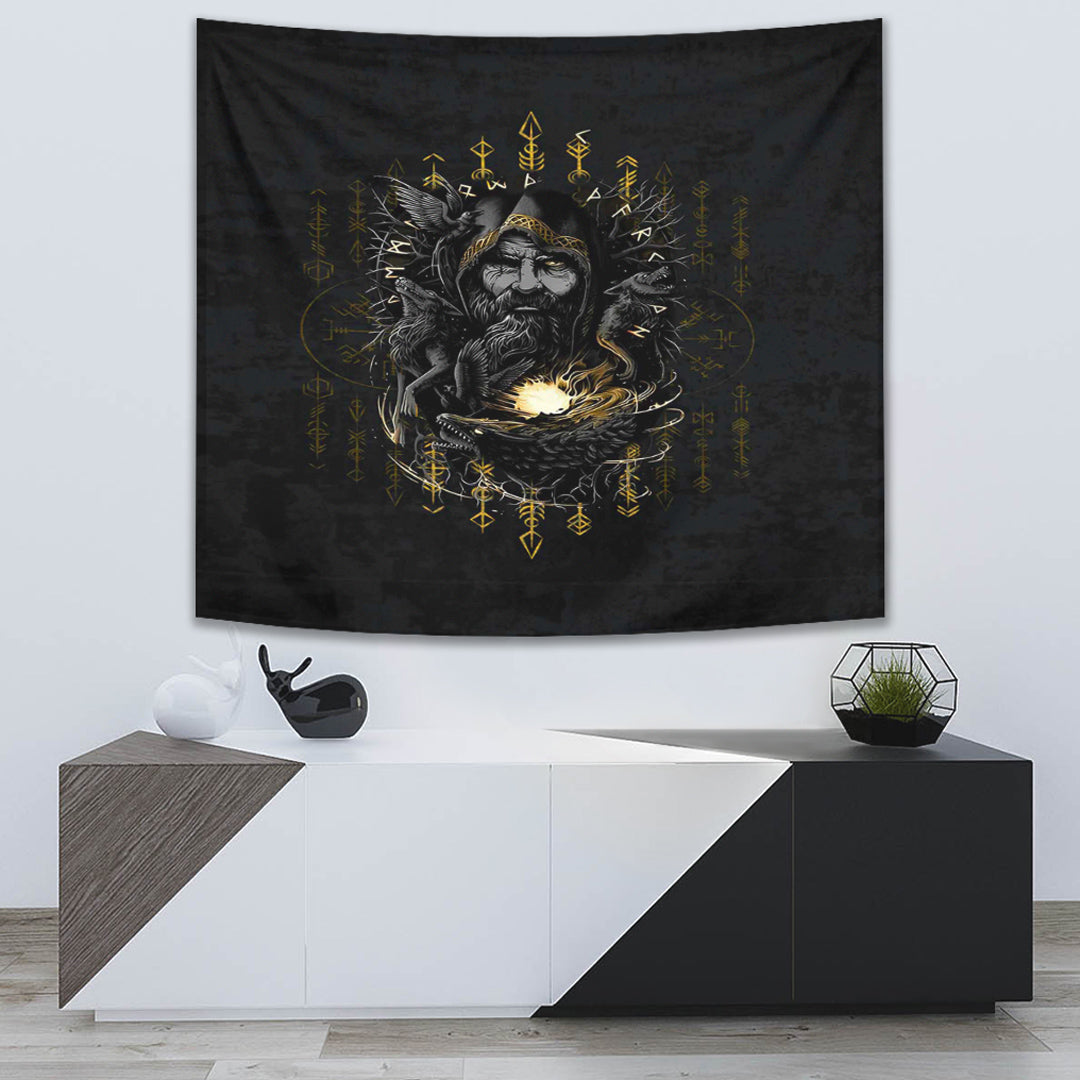 Viking Tapestry Odin Geri and Freki Rune Style