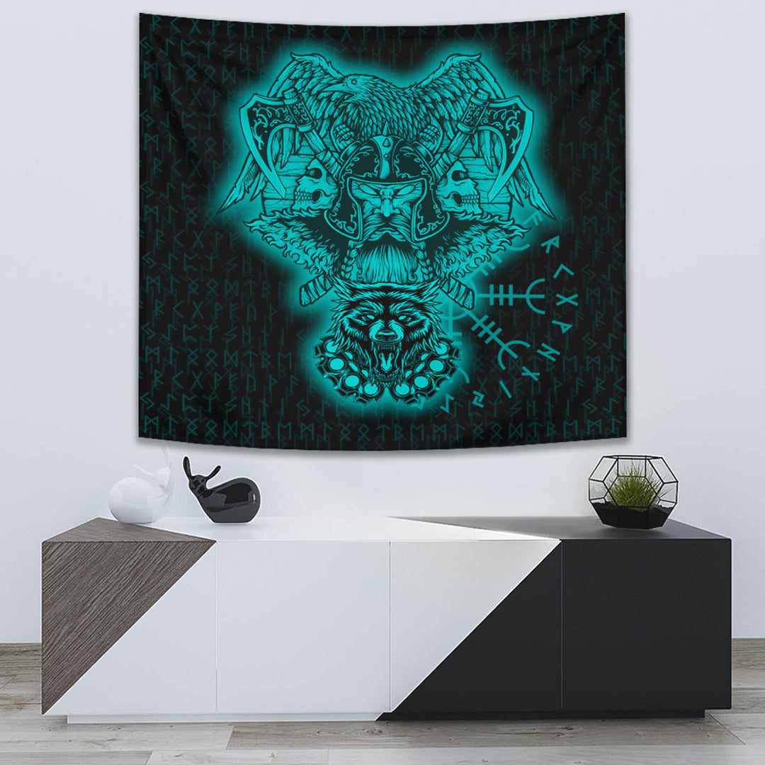 Viking Tapestry Odin And Raven Wolf Turquoise 