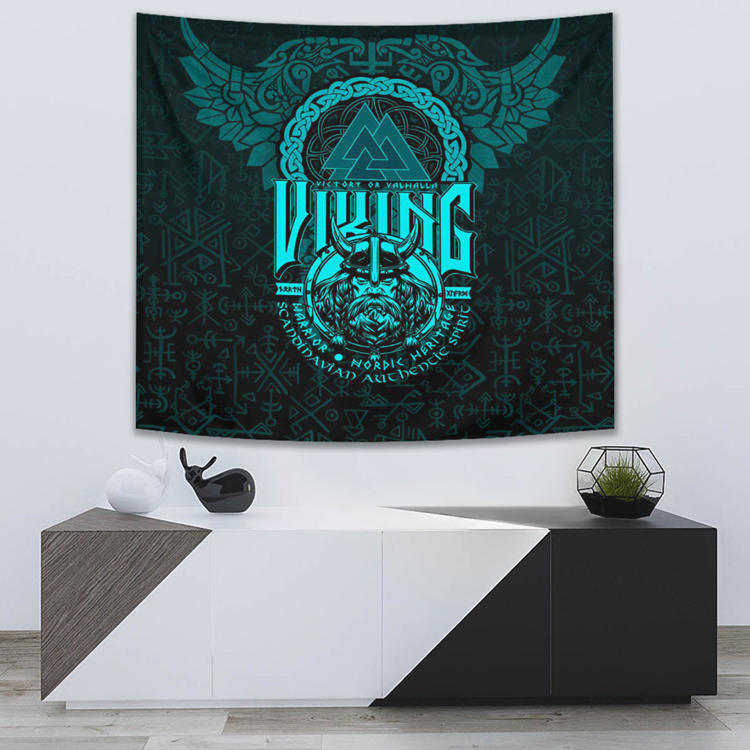 Viking Tapestry Warriors Valknut Cyan