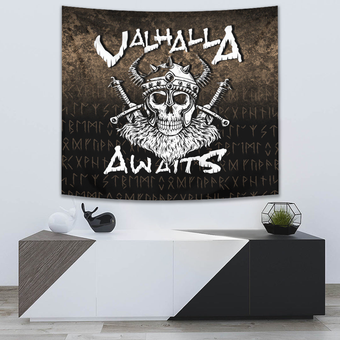 Viking Tapestry Valhalla Awaits Viking Tapestry Skull Warrior Axe