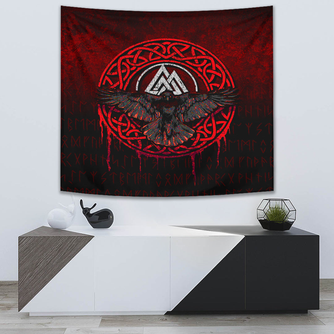 Viking Tapestry Valhalla Norse Mythology Raven Black Crow Red Version