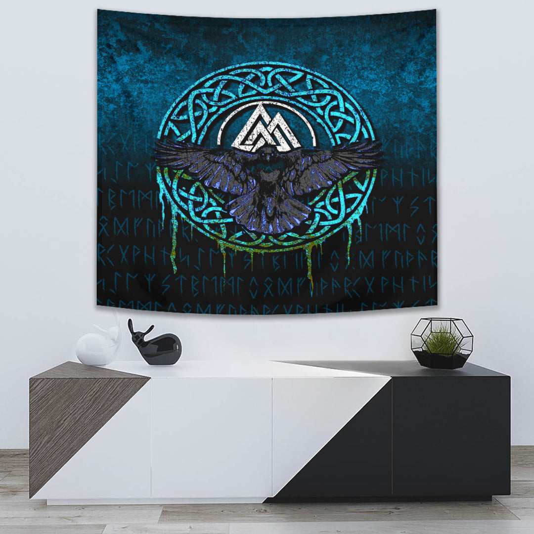 Viking Tapestry Valhalla Norse Mythology Raven Black Crow Cyan Version
