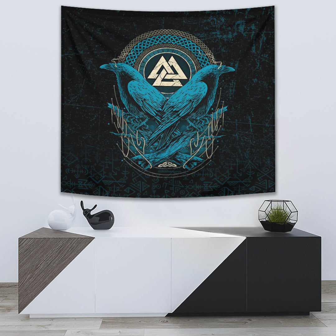 Viking Tapestry Huginn and Muninn Valknut Cyan Style
