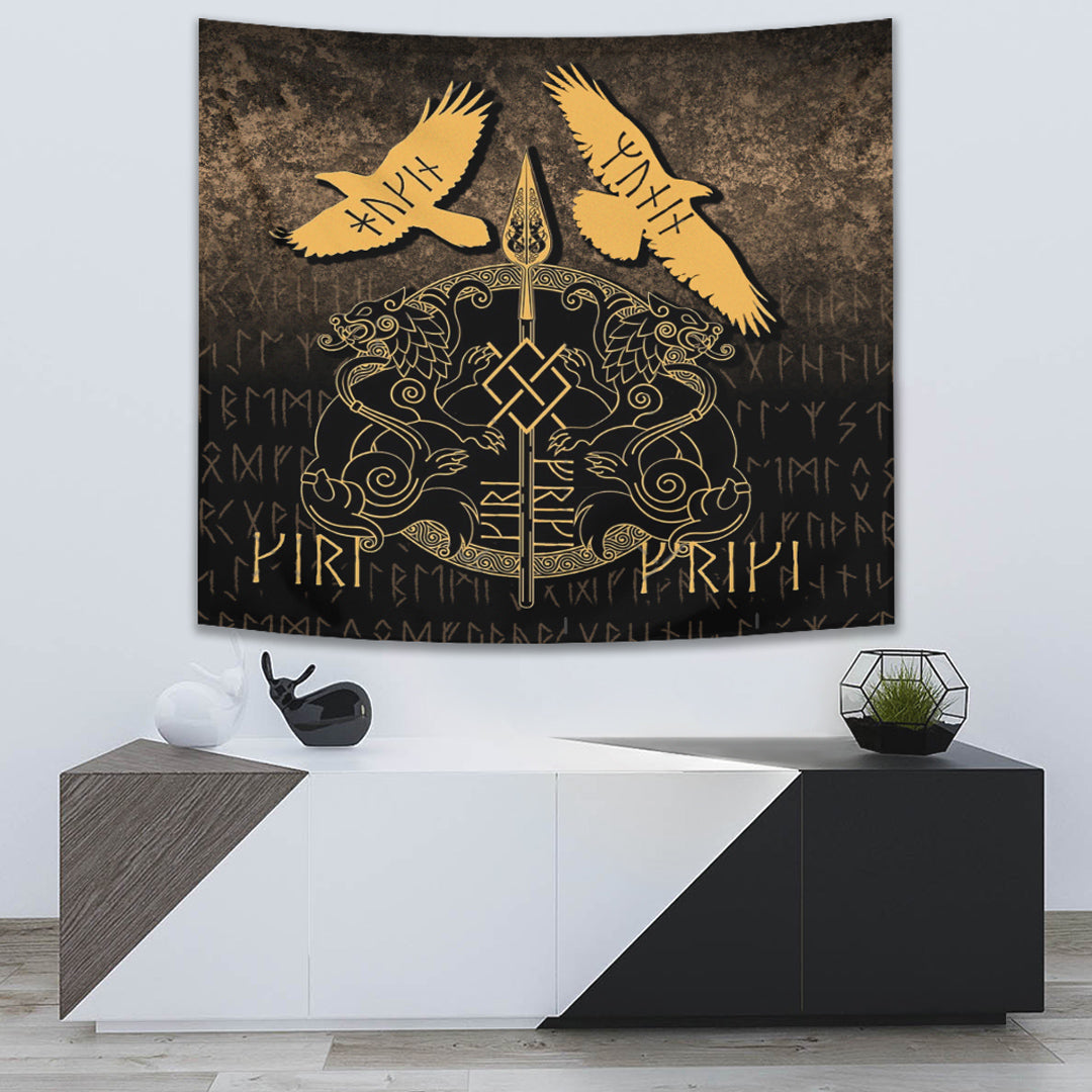 Viking Tapestry Norse Mythology Spear of Odin Gungnir Runes Geri Freki Huginn Muninn