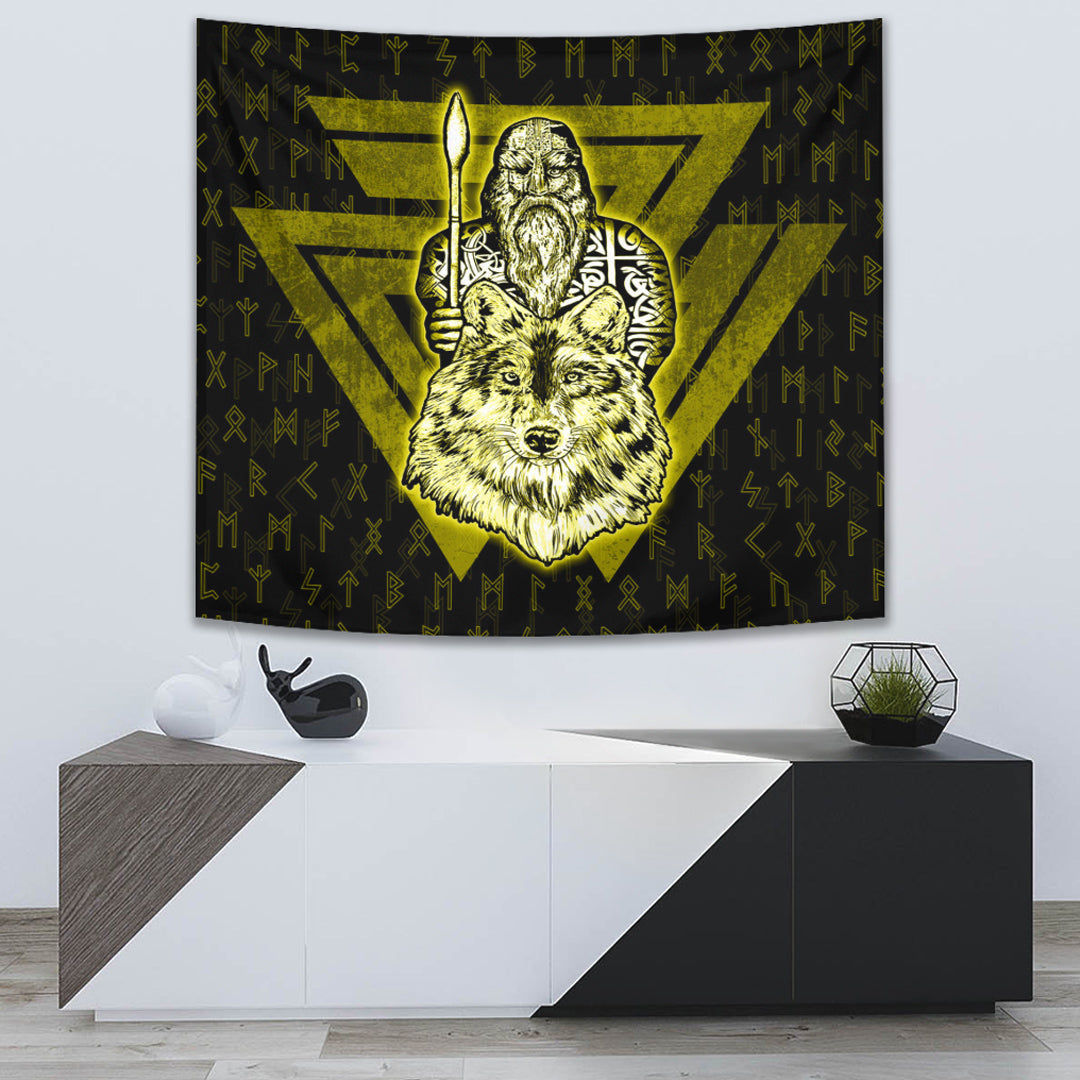 Viking Tapestry Odin Wolf Gold