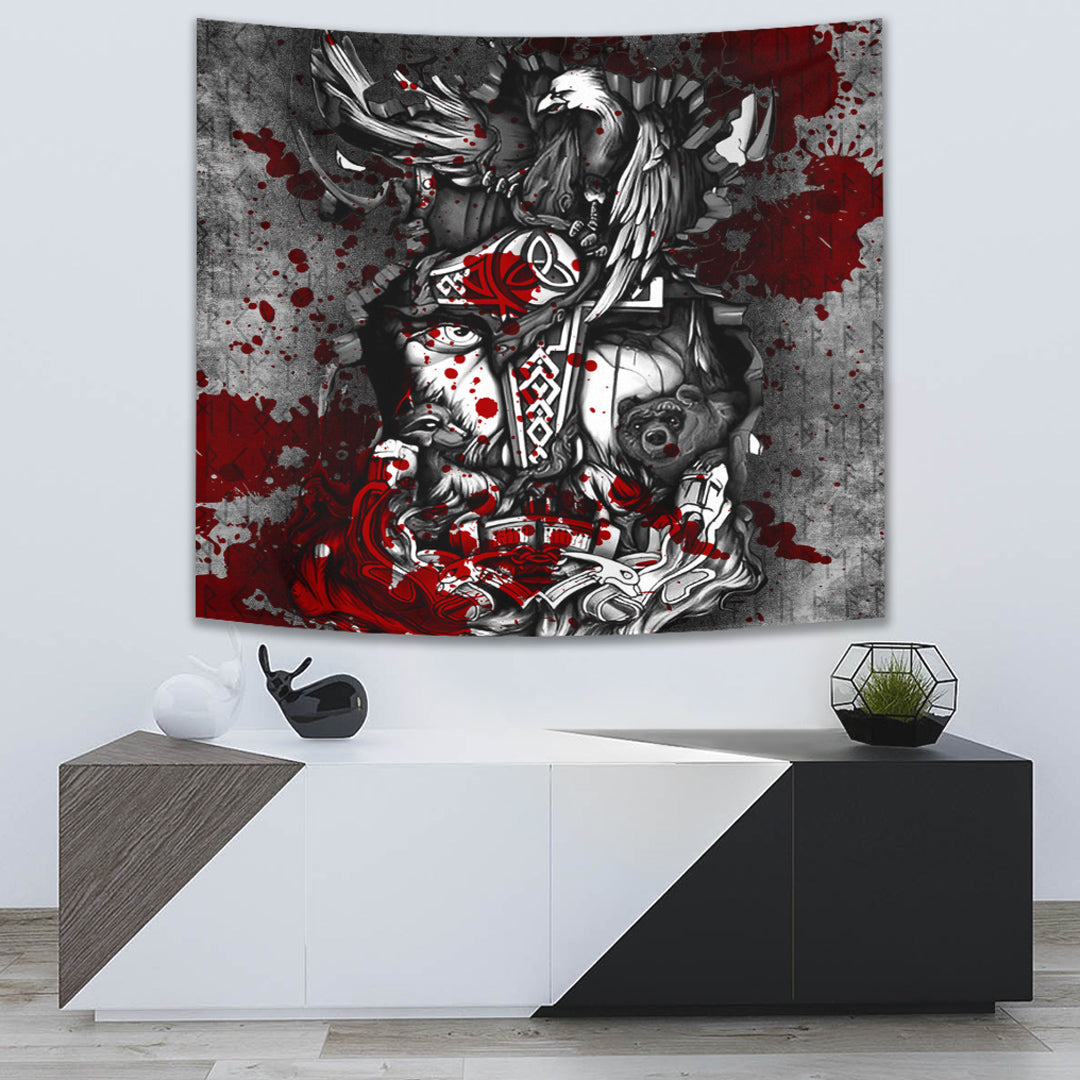 Viking Tapestry Odin Wolf Bear Raven Blood