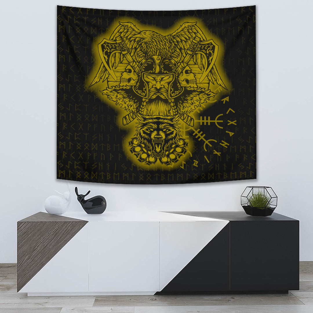 Viking Tapestry Odin And Raven Wolf Gold 