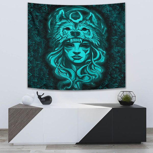 Viking Tapestry Valkyries And Wolf Moon Turquoise