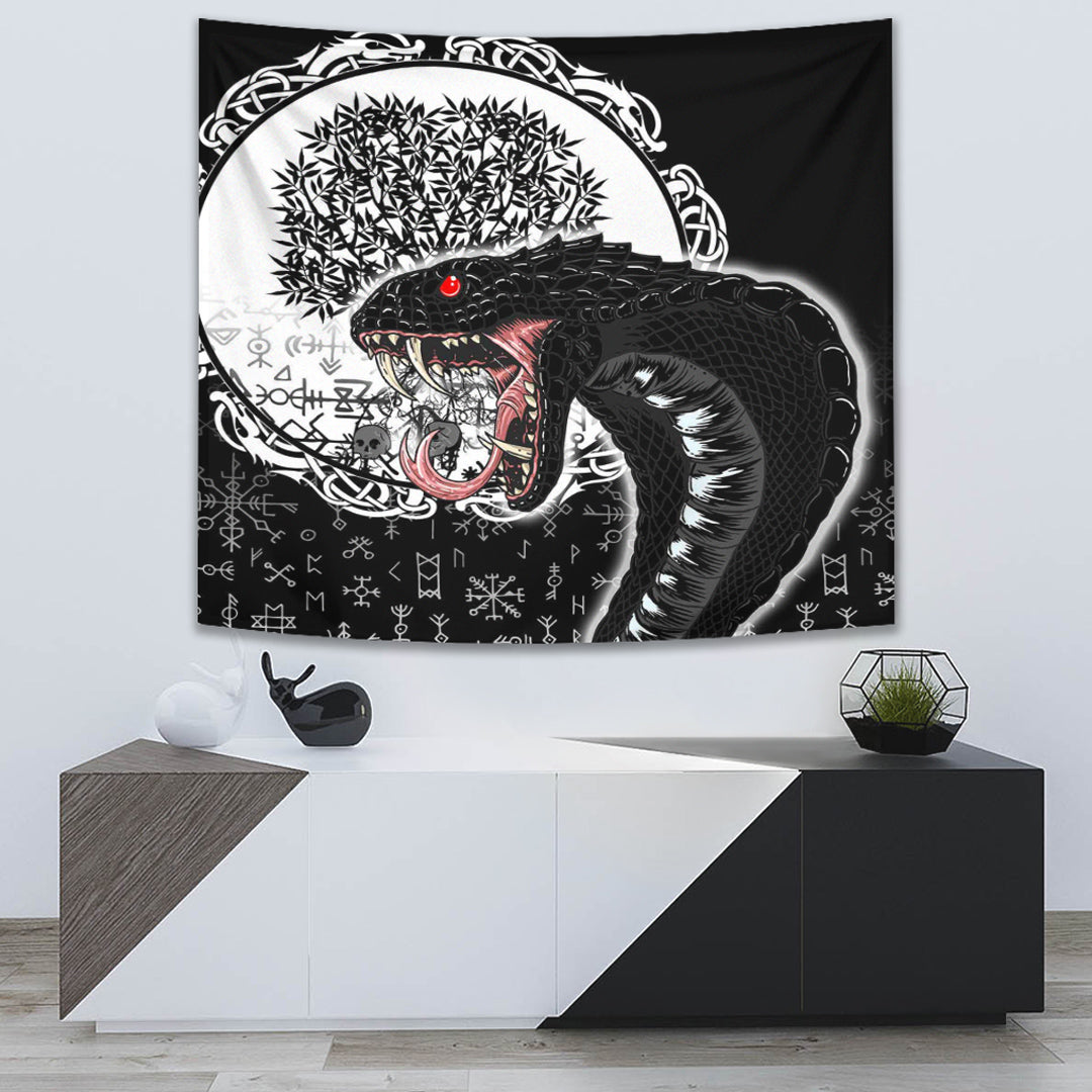 Viking Tapestry Jomngandr and Yggdrasil Black and White