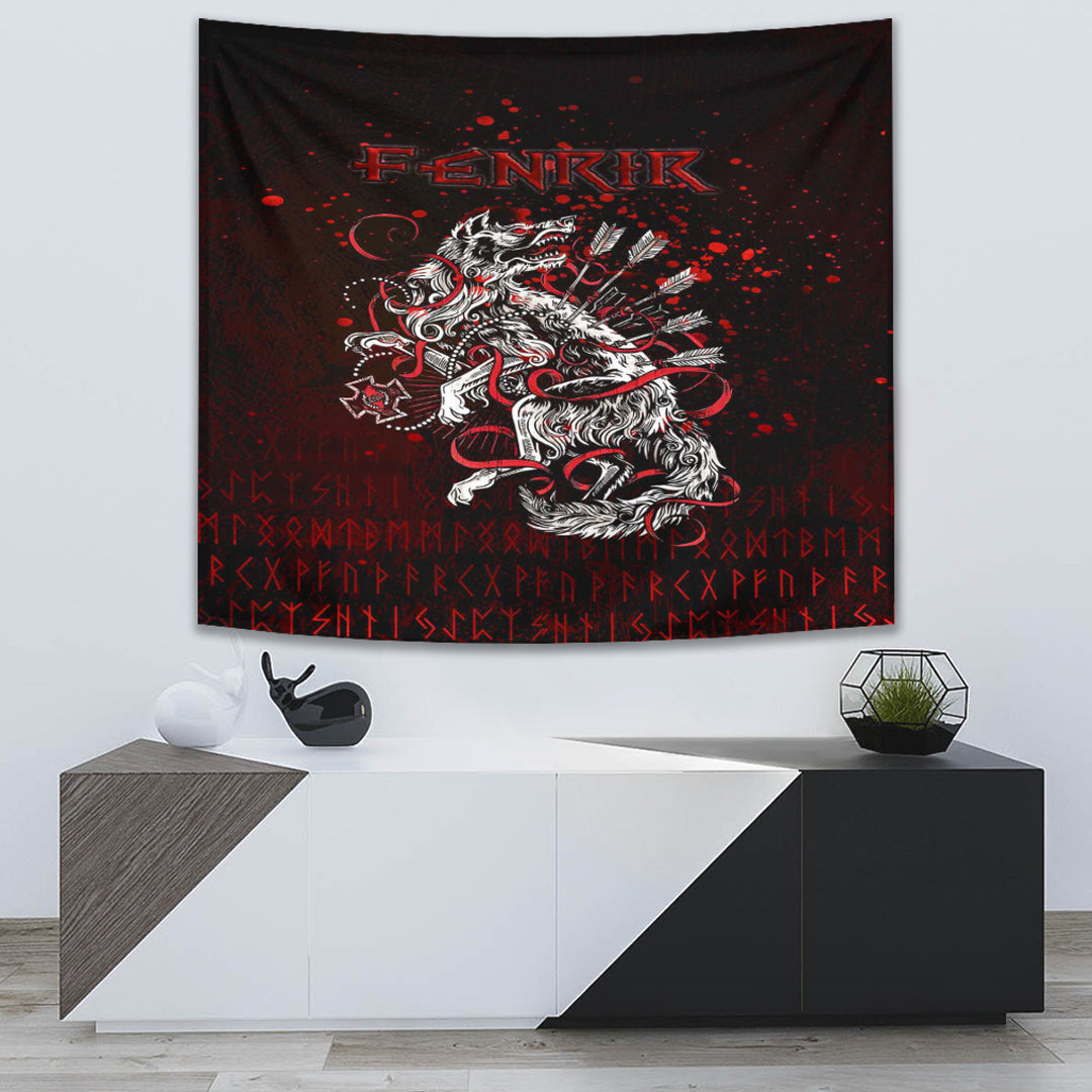 Viking Tapestry Fenrir and Arrow on Blood Background