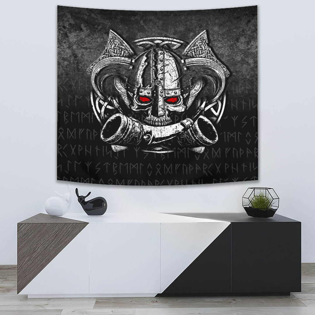 Viking Tapestry Nordic Mythology Skull Mead Horn Warrior Runes Viking