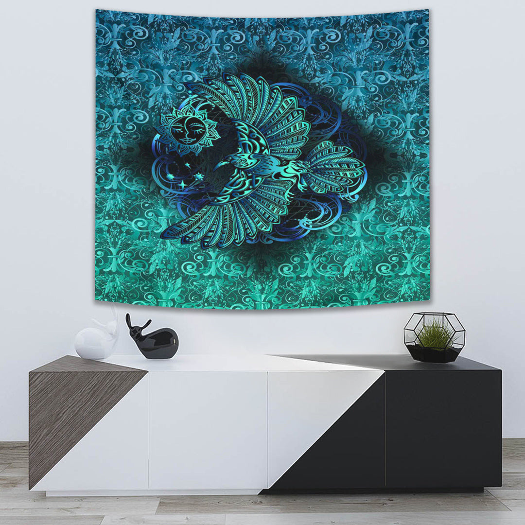 Viking Tapestry Odin's Celtic Raven on the Background Yggdrasil Tree Cyan Celtic Tattoo