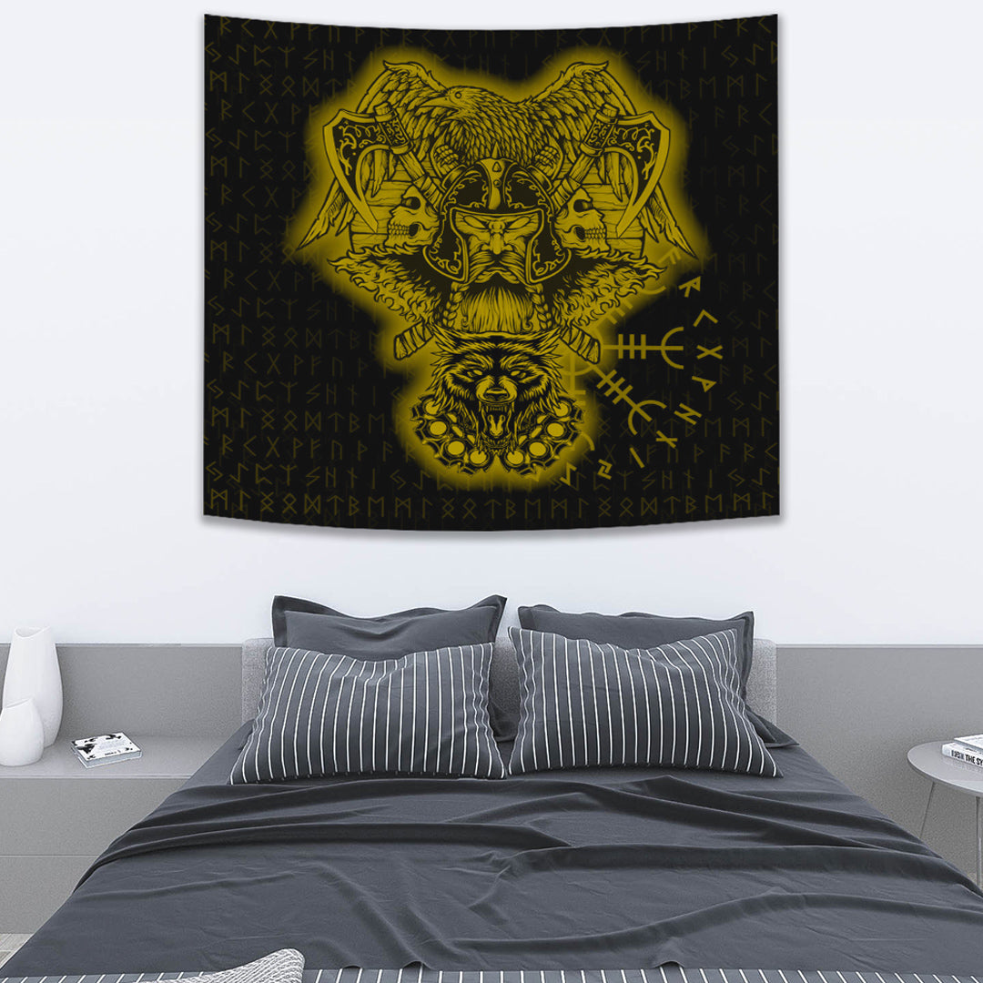 Viking Tapestry Odin And Raven Wolf Gold 