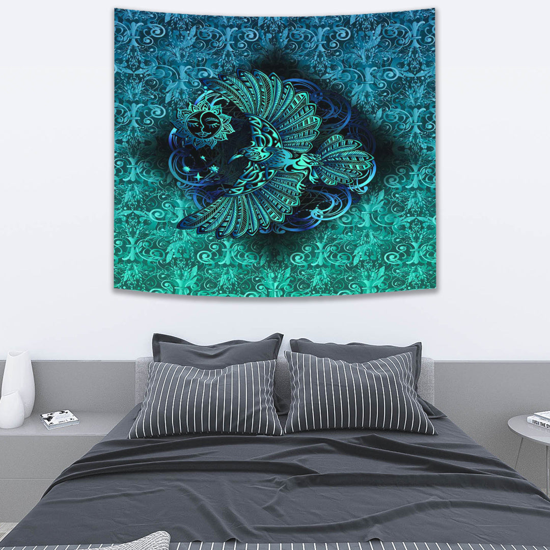 Viking Tapestry Odin's Celtic Raven on the Background Yggdrasil Tree Cyan Celtic Tattoo