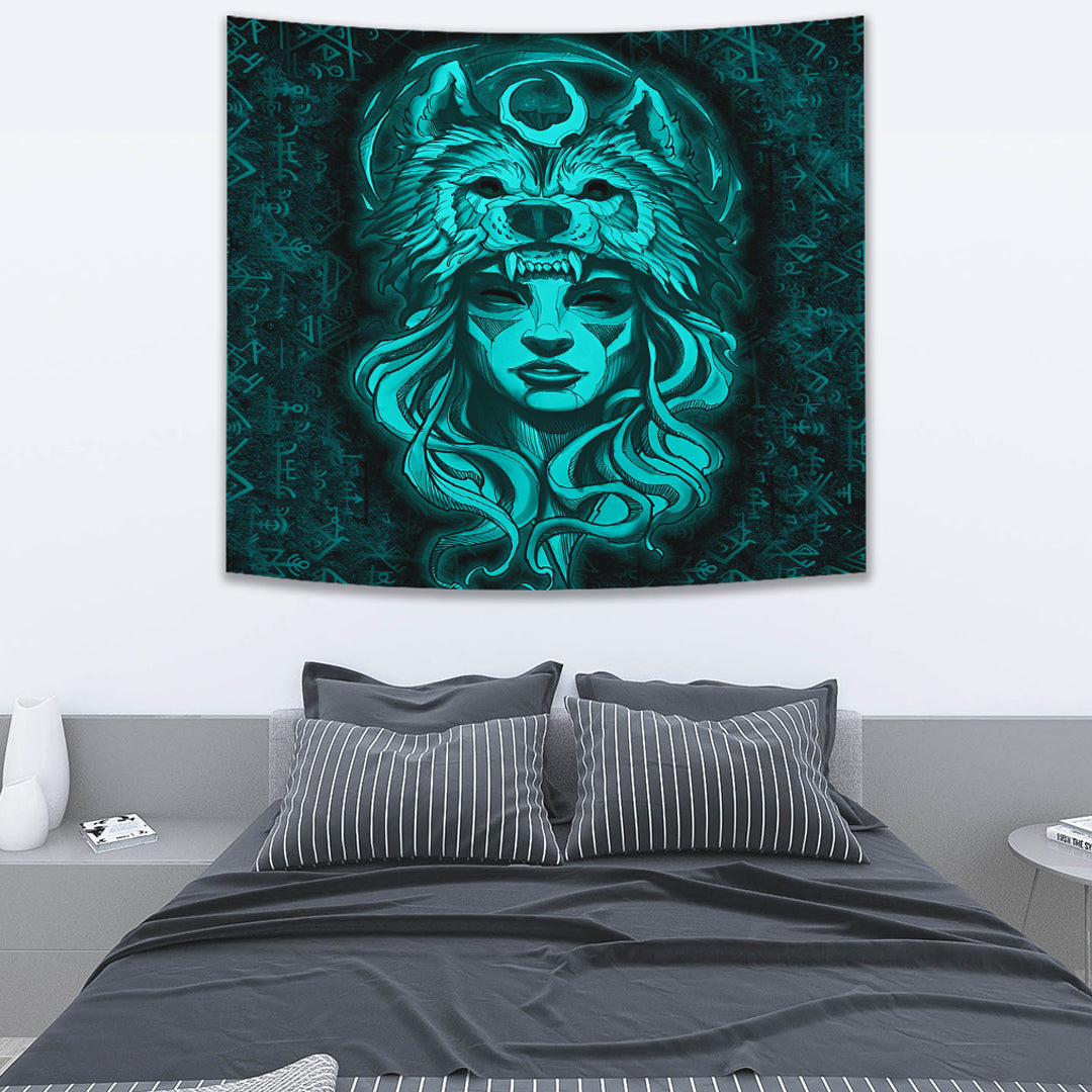 Viking Tapestry Valkyries And Wolf Moon Turquoise