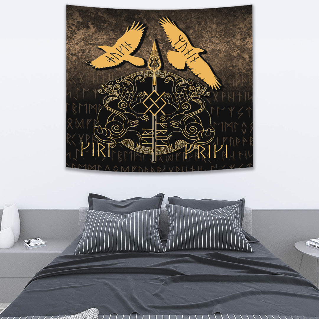 Viking Tapestry Norse Mythology Spear of Odin Gungnir Runes Geri Freki Huginn Muninn
