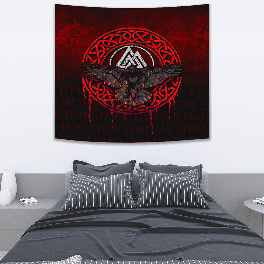 Viking Tapestry Valhalla Norse Mythology Raven Black Crow Red Version