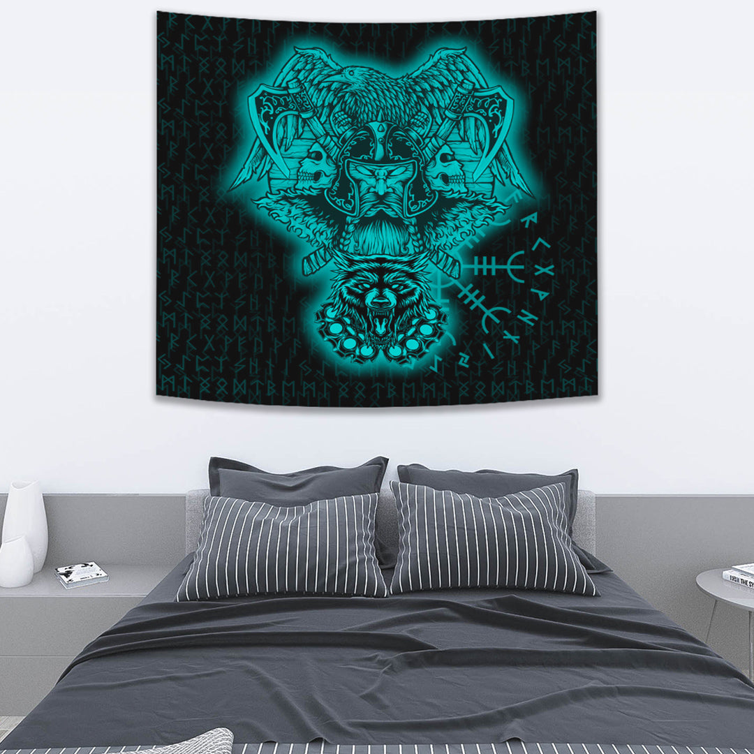 Viking Tapestry Odin And Raven Wolf Turquoise 