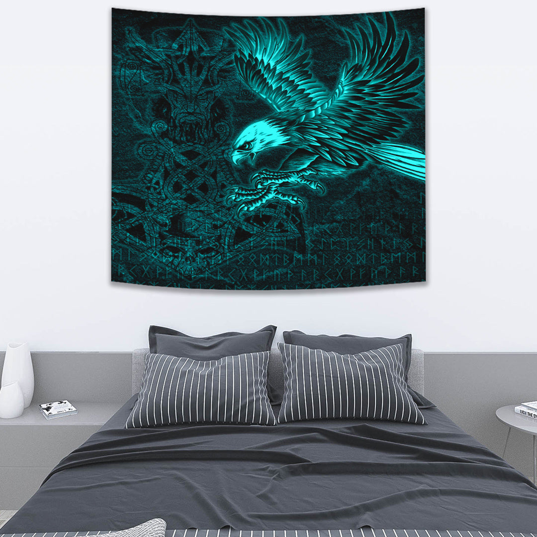 Viking Tapestry Raven Mjolnir Turquoise apestry