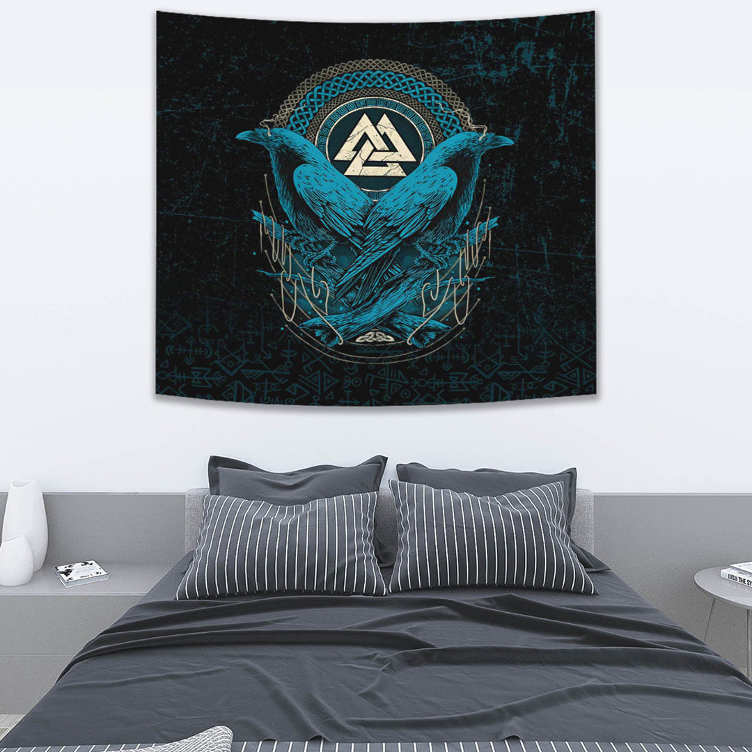 Viking Tapestry Huginn and Muninn Valknut Cyan Style