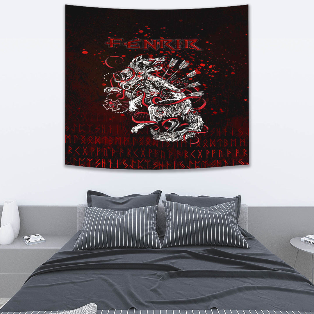 Viking Tapestry Fenrir and Arrow on Blood Background