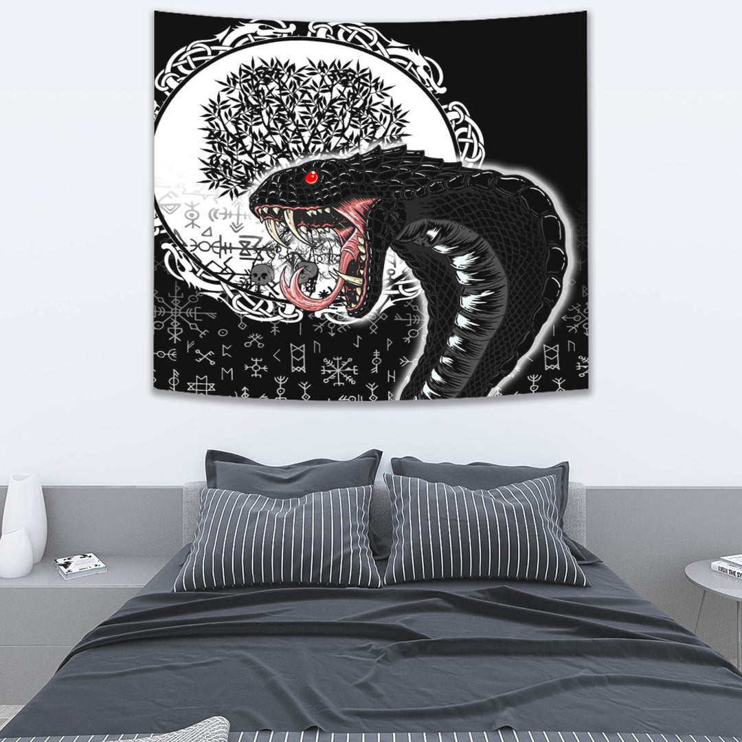 Viking Tapestry Jomngandr and Yggdrasil Black and White
