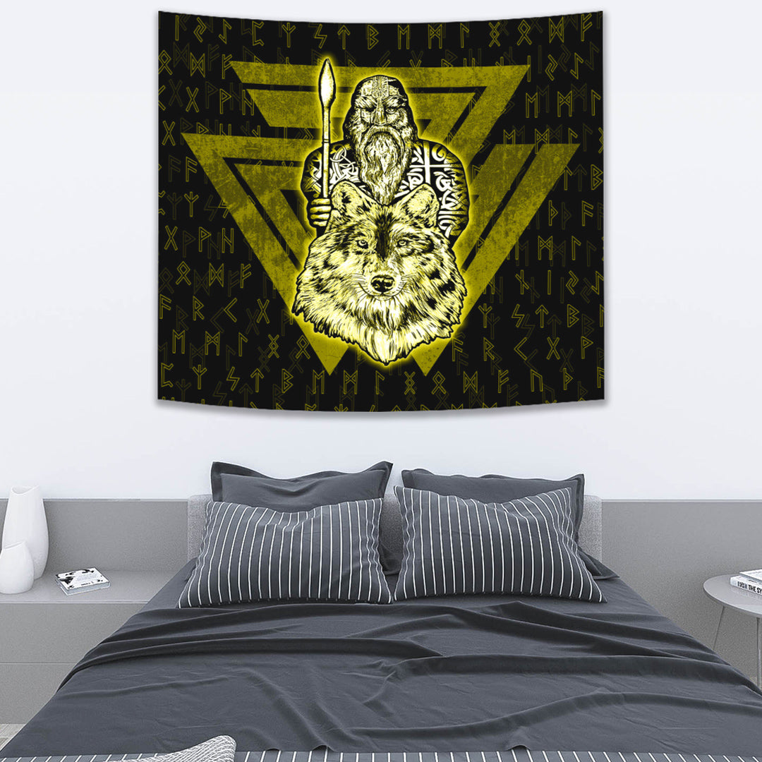 Viking Tapestry Odin Wolf Gold