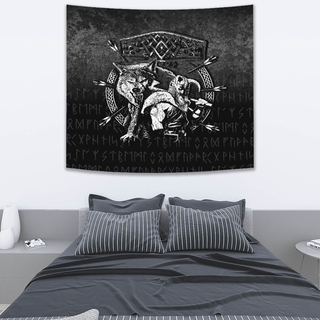 Viking Tapestry Fenrir Wolf Of Odin Norse Runes Thor Hammer Mjolnir